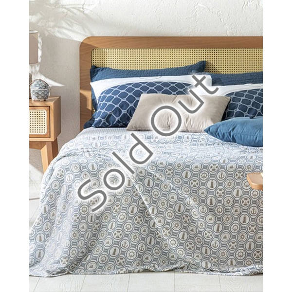 Nautical Printed Double Size Summer Blanket Set 200x220 cm Navy Blue