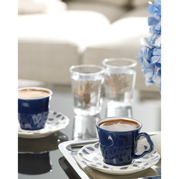 Clover Leaf Porcelain 4 Pieces 2 Servings Coffee Cup Set 80 ml White - Blue