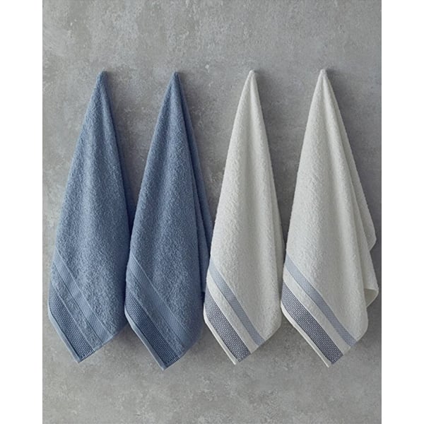 Valeria Cotton Polyester Bordered 4-Piece Face Towel Set 50x80 cm White - Blue
