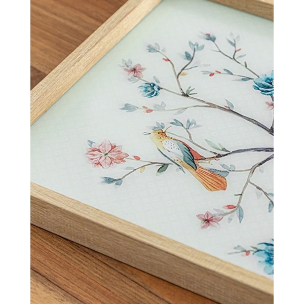 Flower Bird Glass Decorative Tray 31x46 cm Beige