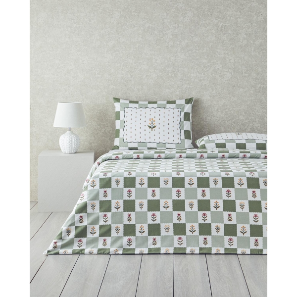 Crocus Flora Cotton King Size Duvet Cover Set 240x220 cm Green