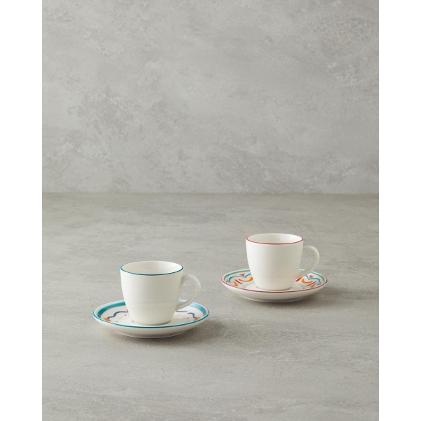 Colorful Lines Porcelain 4 Piece Coffee Cup Set for 2 People 90 ml Colorful