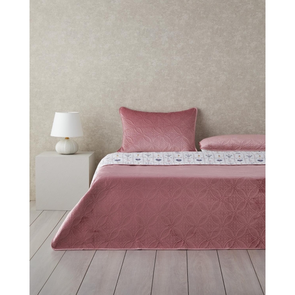 Ornate Fancy Double Sided Velvet King Bedspread Set 240x220 cm Dusty Rose