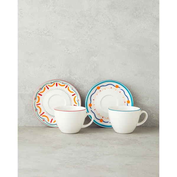 Colorful Lines Porcelain 4 Piece Tea Cup Set for 2 People 220 ml Colorful