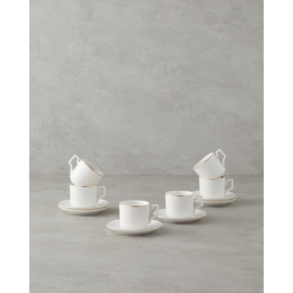 Gold Line New Bone China 12 Piece Coffee Cup Set for 6 People 90 ml White-Gold
