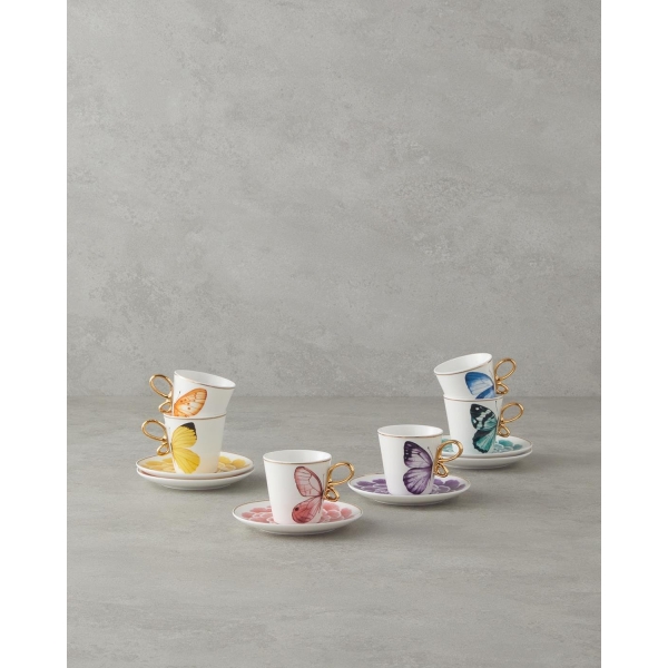 Butterfly Rose New Bone China 12 Piece Coffee Cup Set for 6 People 90 ml Colorful