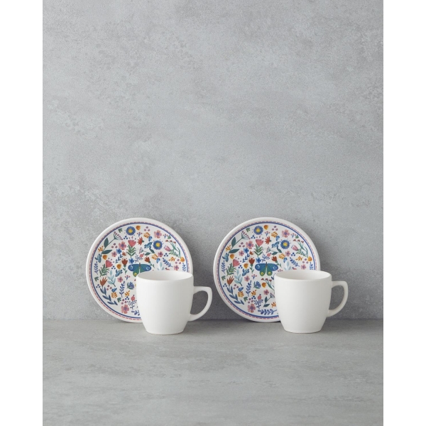 Butterfly Ceramic 4 Piece Coffee Cup Set for 2 People 110 ml Blue