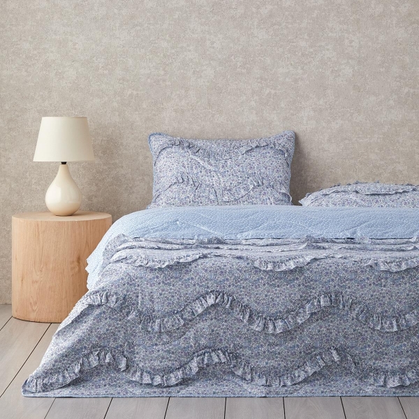 Floral Euphoria Ruffle Single Bedspread Set 160x220 cm Blue