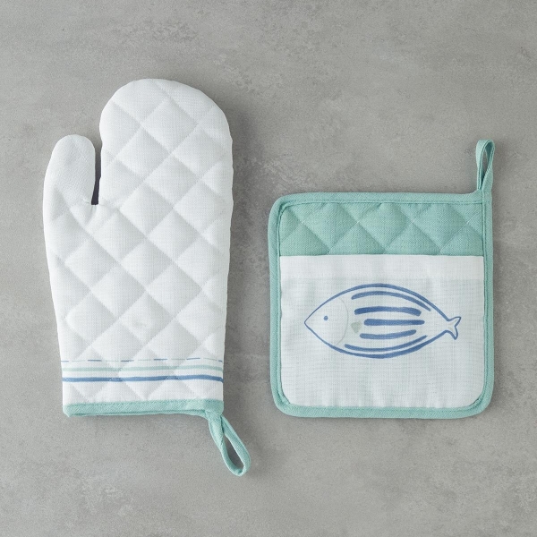 Aqualuna Oven Glove and Handle Set 17x30 Cm + 20x20 Cm Blue - Green