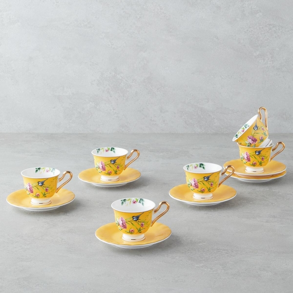 Vanilla Mood New Bone China 12 Piece Coffee Cup Set for 6 People 90 ml Yellow