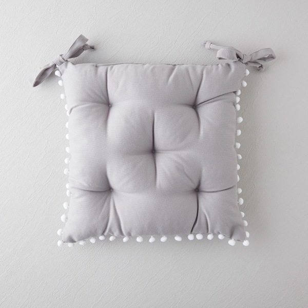 Puff Pompom Single Chair Cushion 40x40 cm Light Grey