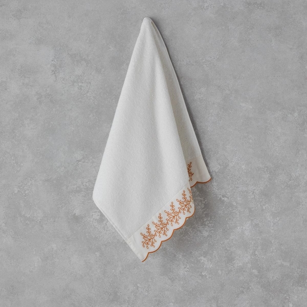 Artistic Leafy Cotton Embroidered Face Towel 50x80 cm Ecru-Yellow