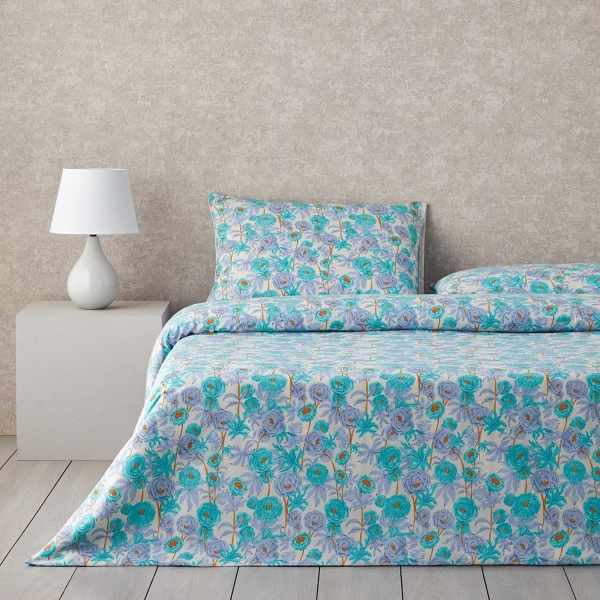 Abstract Flowers Easy Iron Double Duvet Cover Set 200x220 cm Green-Blue