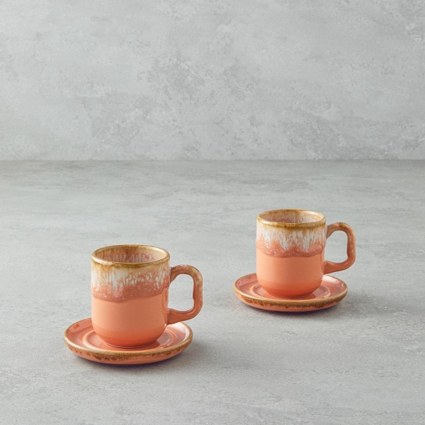 Alicent Ceramic 4 Piece Double Coffee Cup Set for 2 People 150 ml Light Orange