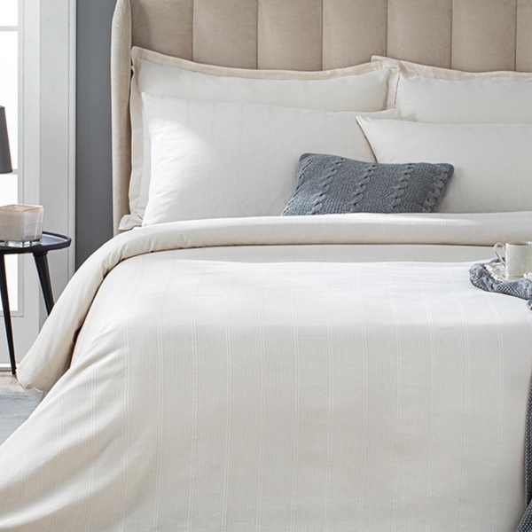 Listral Jacquard Striped Cotton Satin Double 4 Pillows-Boxed Duvet Cover Set 200x220 cm Ivory