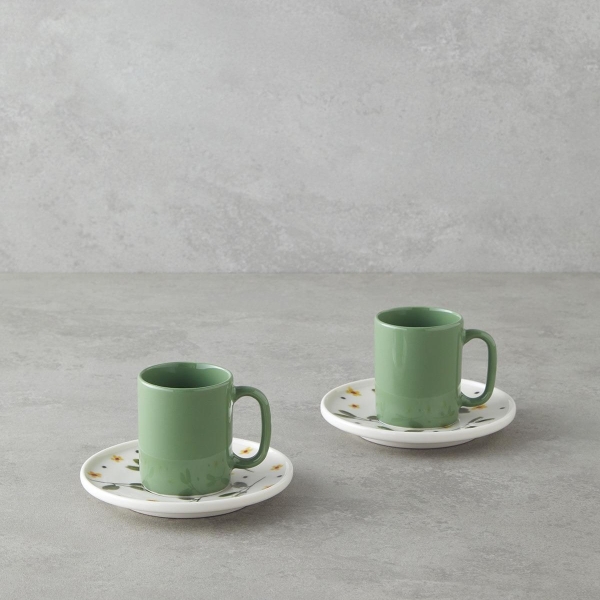 Thalia Bone Porcelain 4 Piece Coffee Cup Set for 2 People 90 ml Green