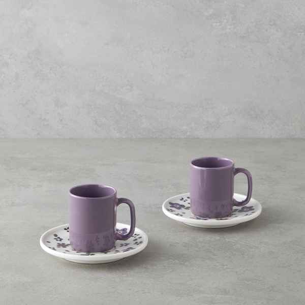 Floretta Bone Porcelain 4 Piece Coffee Cup Set for 2 People 90 ml Purple