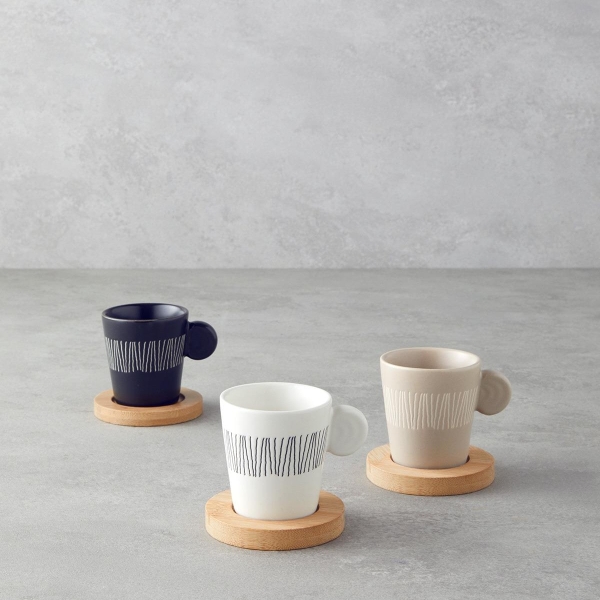 Bona Stoneware 6 Piece Coffee Cup Set for 3 People 70 ml Black-White-Beige