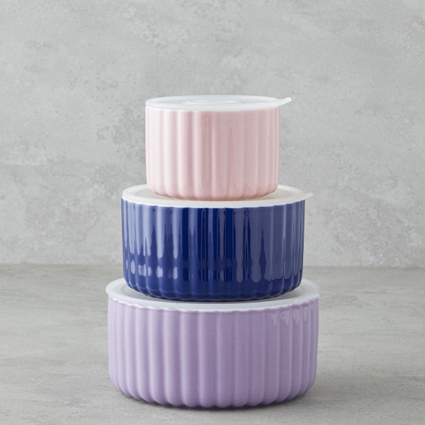 Oliver New Bone China 3-Piece Storage Box 300 ml-600 ml-800 ml Lilac-Navy Blue-Cream