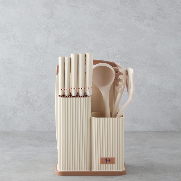 Pro Cut Silicone, Plastic, Stainless Steel Cutting Board, Serving Utensil Knife Set 21.5x13x20 cm Cream