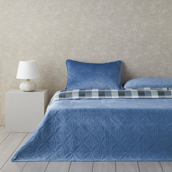 Ornate Check Double-Sided Velvet Single Bedspread Set 160x220 cm Dark Blue