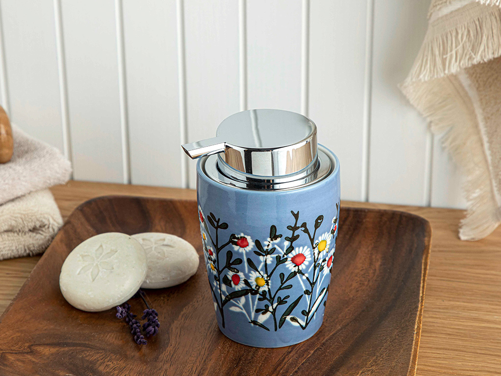 Flowery Bathroom Liquid Soap Dispenser 8.5 x 8.5 x 13 Cm - Blue