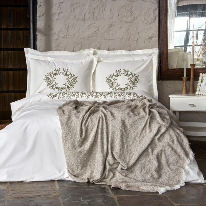 6 Pieces Casandra Embroidered Cotton Double Duvet Cover Set 200 x 220 cm - Ecru