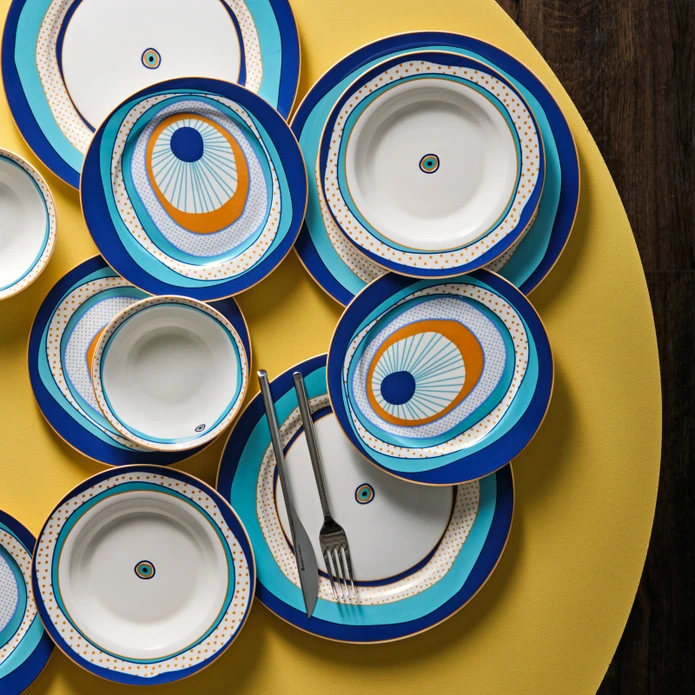 24 Pieces Eye Zone Porcelain Dinner Set - Blue / Navy Blue / Mustard