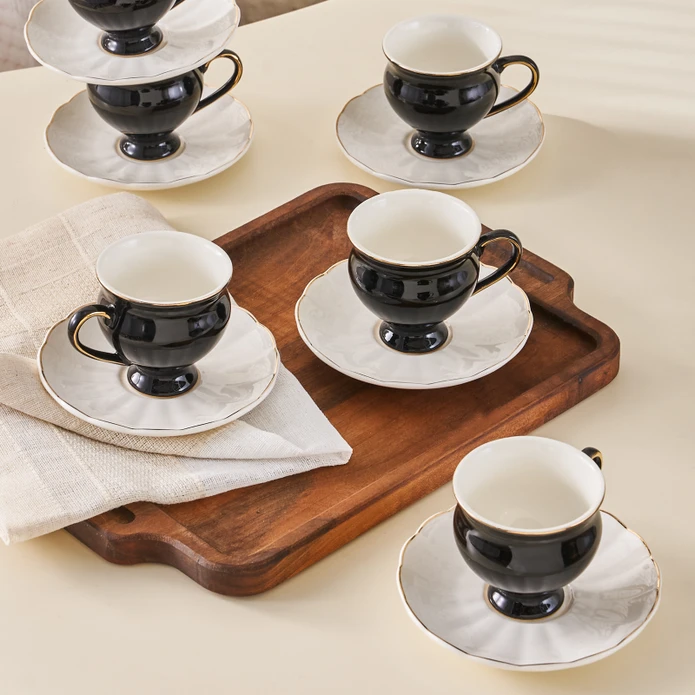 6 Pieces Swan Porcelain Coffee Cup Set 100 ml - Black